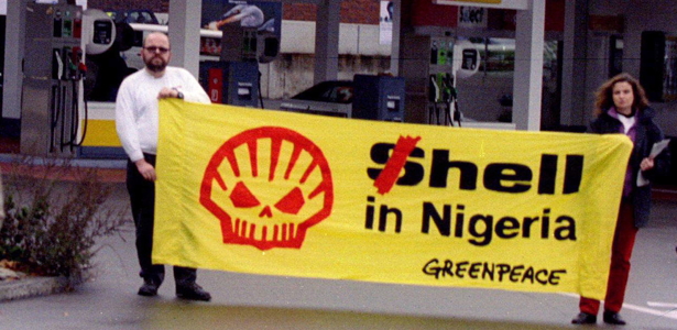 Greenpeace activists protested with banners at a Shell station in Zurich against the execution of ni..